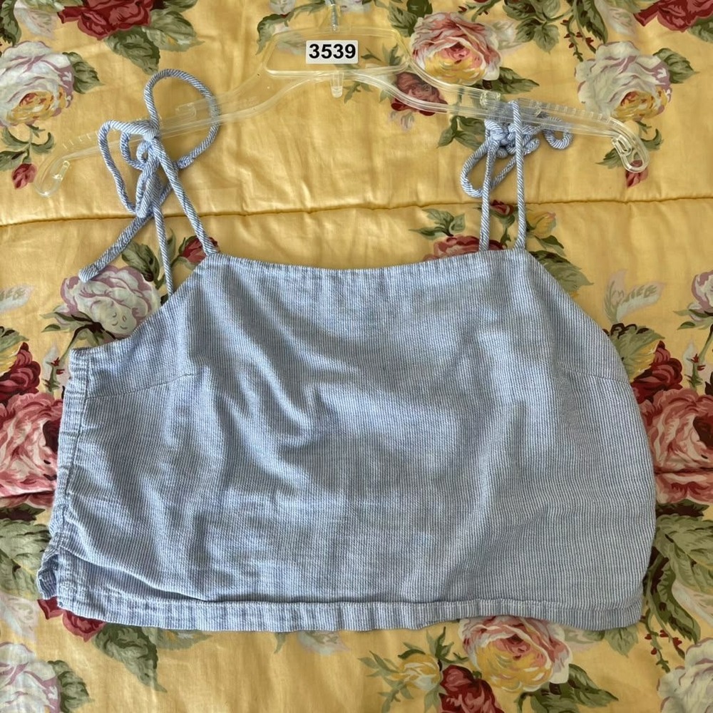 Brandy Melville Blue White Micro Stripe Tie Shoulder Crop Cami Top Made in Italy